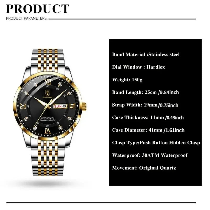 POEDAGAR Luxury Brand Man Watch Waterproof Luminous Date Week Men's Quartz Wristwatch Stainless Steel Fashion Sports Men Watche